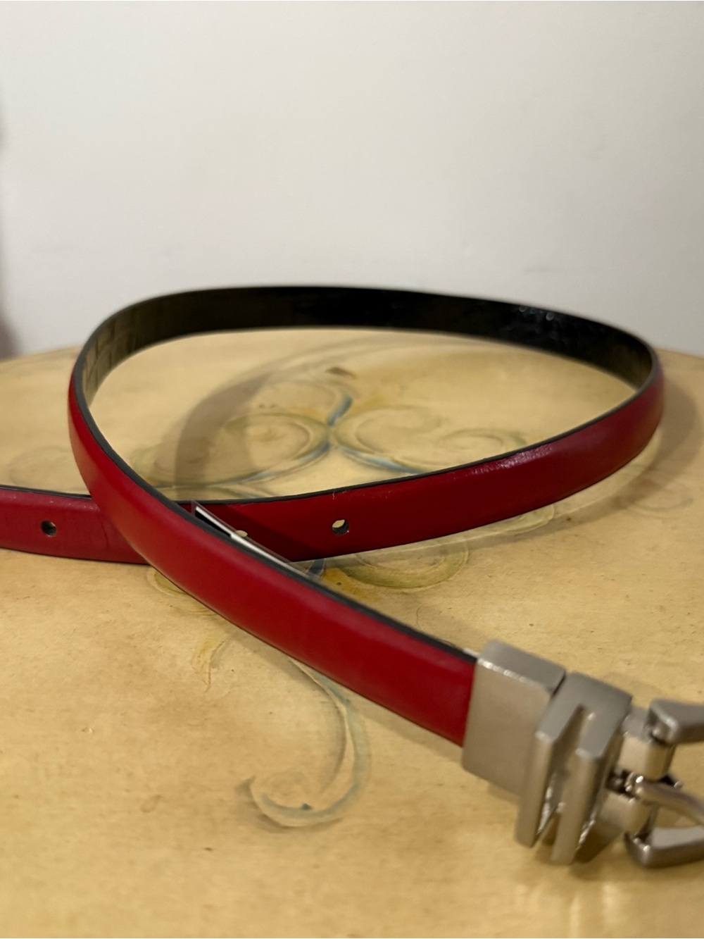 Source Unknown Red Leather Belt with Silver Buckle